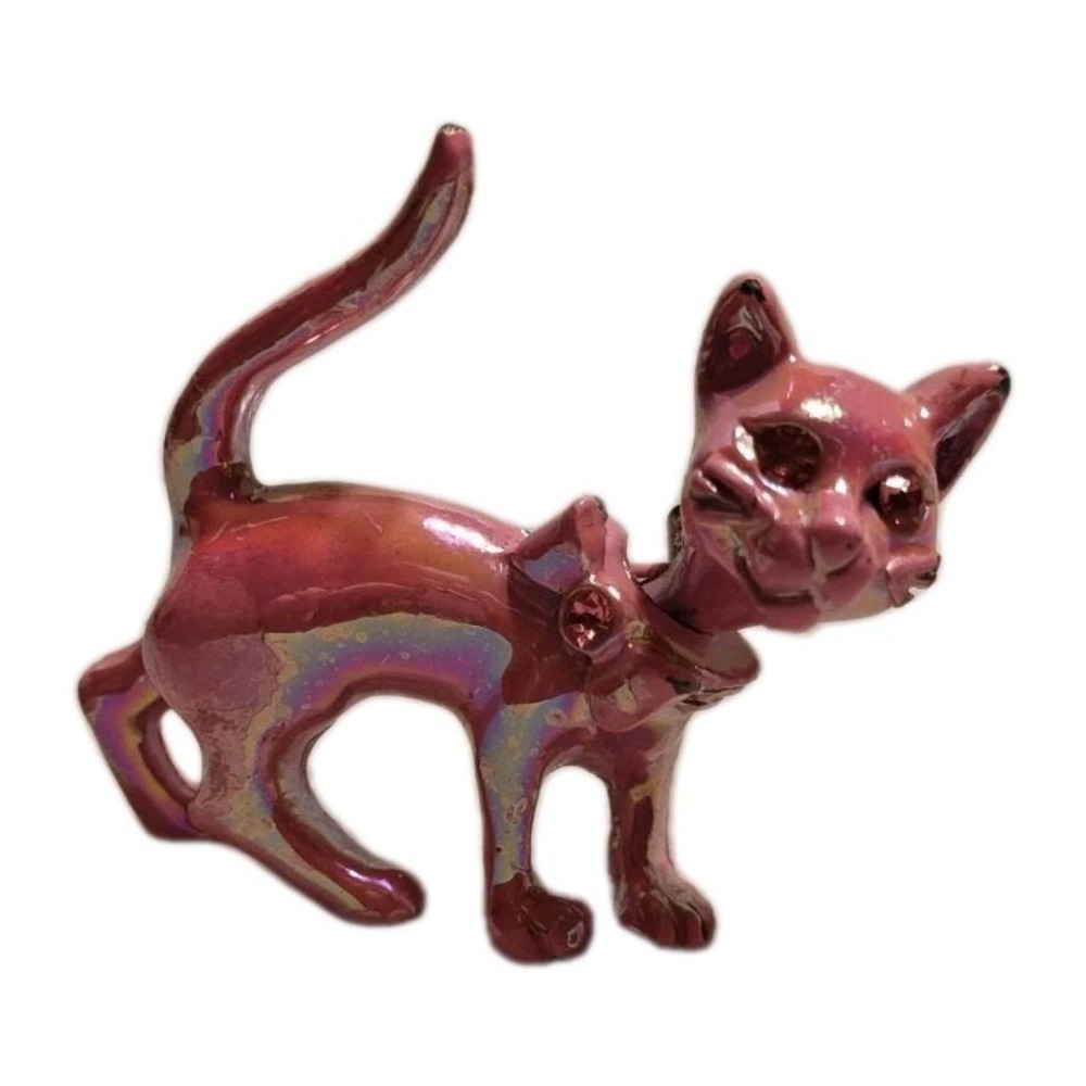 Vintage Pink Iridescent Cat Brooch Rhinestone Eyes Bow Feline Pin Jewelry